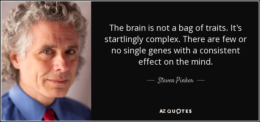 The brain is not a bag of traits. It's startlingly complex. There are few or no single genes with a consistent effect on the mind. - Steven Pinker