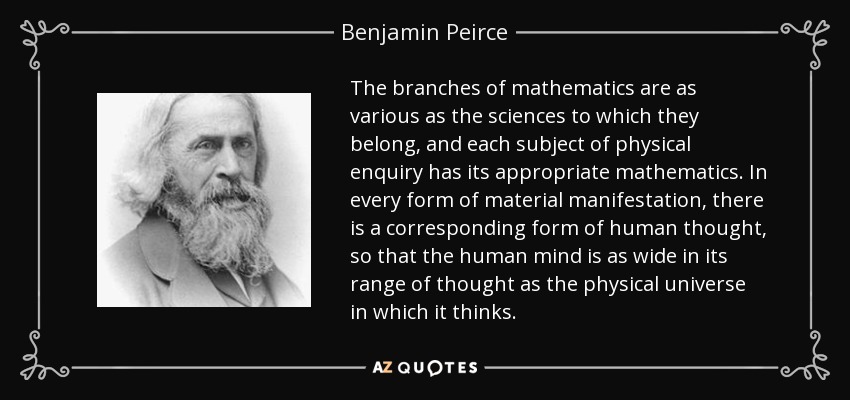 The branches of mathematics are as various as the sciences to which they belong, and each subject of physical enquiry has its appropriate mathematics. In every form of material manifestation, there is a corresponding form of human thought, so that the human mind is as wide in its range of thought as the physical universe in which it thinks. - Benjamin Peirce