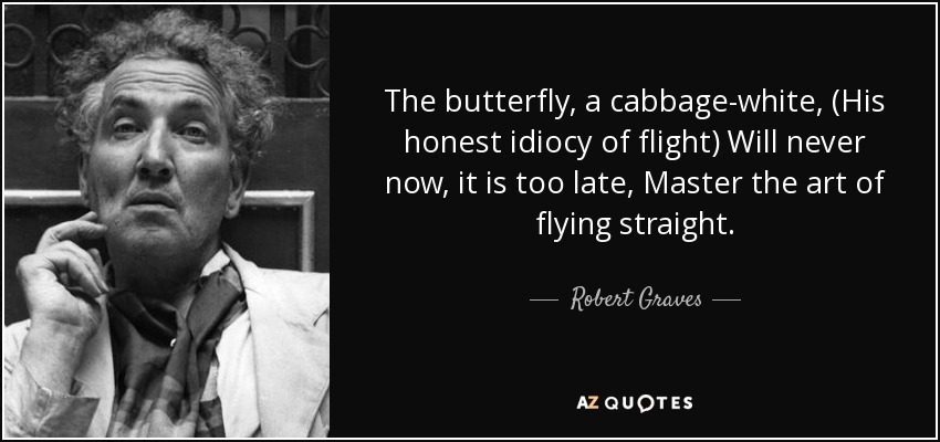 The butterfly, a cabbage-white, (His honest idiocy of flight) Will never now, it is too late, Master the art of flying straight. - Robert Graves