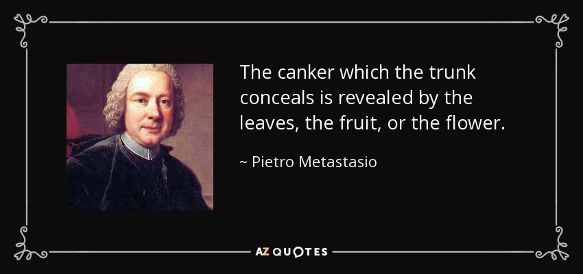 The canker which the trunk conceals is revealed by the leaves, the fruit, or the flower. - Pietro Metastasio