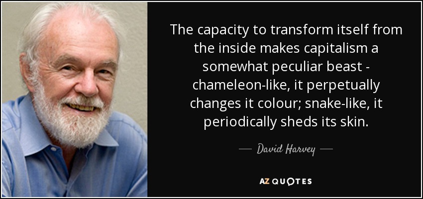 The capacity to transform itself from the inside makes capitalism a somewhat peculiar beast - chameleon-like, it perpetually changes it colour; snake-like, it periodically sheds its skin. - David Harvey