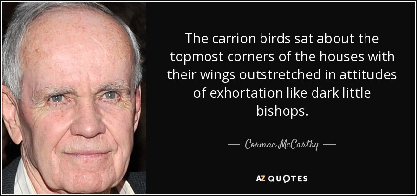 The carrion birds sat about the topmost corners of the houses with their wings outstretched in attitudes of exhortation like dark little bishops. - Cormac McCarthy