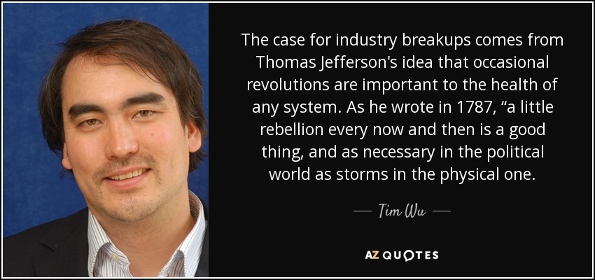 The case for industry breakups comes from Thomas Jefferson's idea that occasional revolutions are important to the health of any system. As he wrote in 1787, “a little rebellion every now and then is a good thing, and as necessary in the political world as storms in the physical one. - Tim Wu