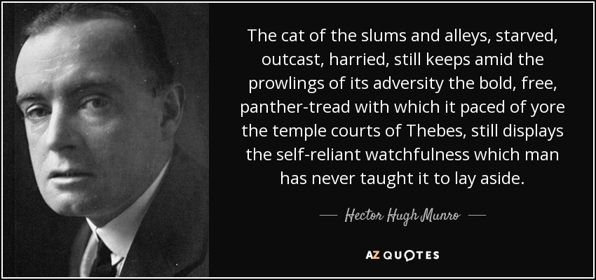 The cat of the slums and alleys, starved, outcast, harried, still keeps amid the prowlings of its adversity the bold, free, panther-tread with which it paced of yore the temple courts of Thebes, still displays the self-reliant watchfulness which man has never taught it to lay aside. - Hector Hugh Munro