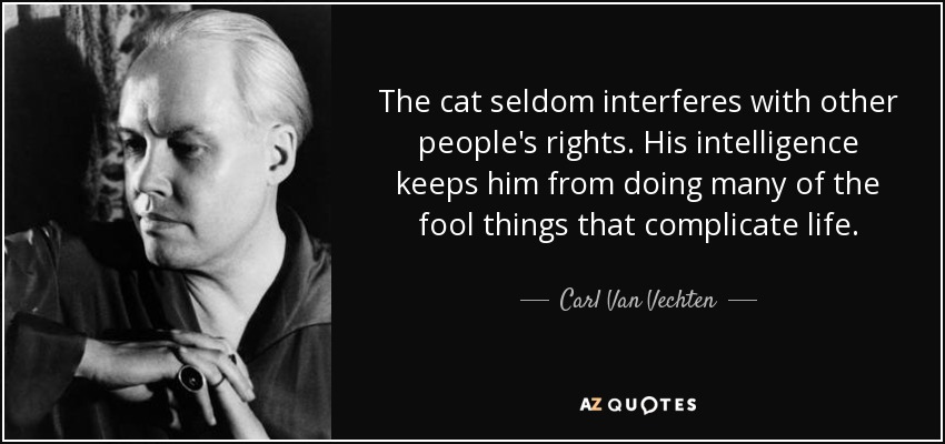 The cat seldom interferes with other people's rights. His intelligence keeps him from doing many of the fool things that complicate life. - Carl Van Vechten