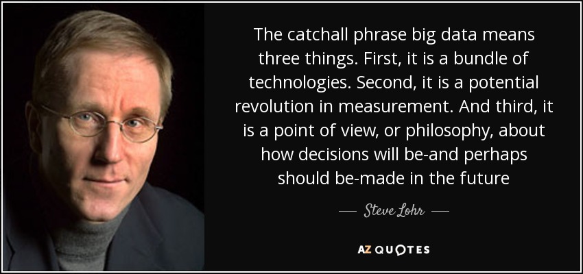 The catchall phrase big data means three things. First, it is a bundle of technologies. Second, it is a potential revolution in measurement. And third, it is a point of view, or philosophy, about how decisions will be-and perhaps should be-made in the future - Steve Lohr