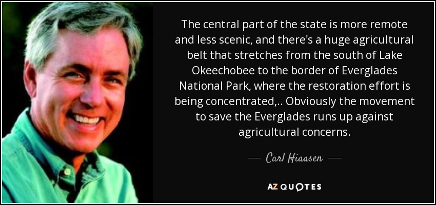 The central part of the state is more remote and less scenic, and there's a huge agricultural belt that stretches from the south of Lake Okeechobee to the border of Everglades National Park, where the restoration effort is being concentrated, .. Obviously the movement to save the Everglades runs up against agricultural concerns. - Carl Hiaasen