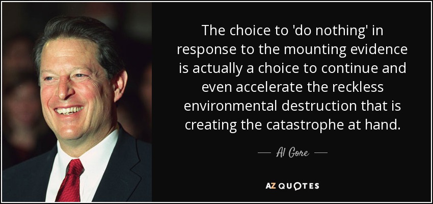 The choice to 'do nothing' in response to the mounting evidence is actually a choice to continue and even accelerate the reckless environmental destruction that is creating the catastrophe at hand. - Al Gore
