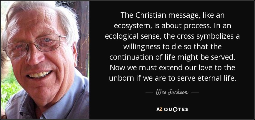 The Christian message, like an ecosystem, is about process. In an ecological sense, the cross symbolizes a willingness to die so that the continuation of life might be served. Now we must extend our love to the unborn if we are to serve eternal life. - Wes Jackson