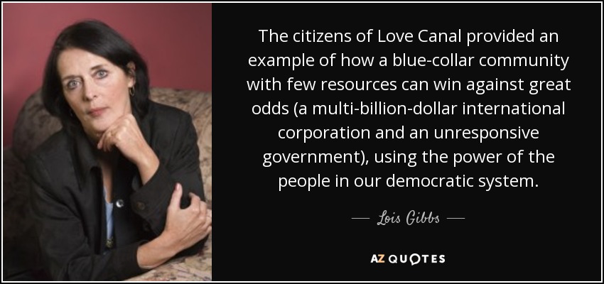 The citizens of Love Canal provided an example of how a blue-collar community with few resources can win against great odds (a multi-billion-dollar international corporation and an unresponsive government), using the power of the people in our democratic system. - Lois Gibbs