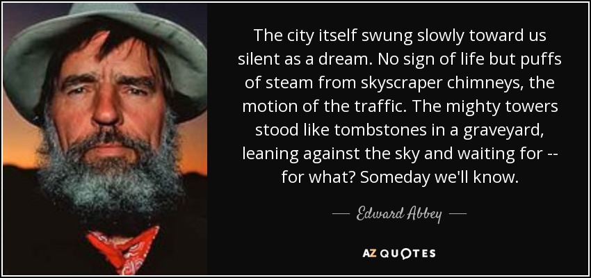 The city itself swung slowly toward us silent as a dream. No sign of life but puffs of steam from skyscraper chimneys, the motion of the traffic. The mighty towers stood like tombstones in a graveyard, leaning against the sky and waiting for -- for what? Someday we'll know. - Edward Abbey