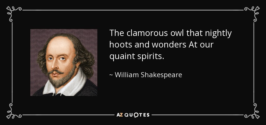 The clamorous owl that nightly hoots and wonders At our quaint spirits. - William Shakespeare
