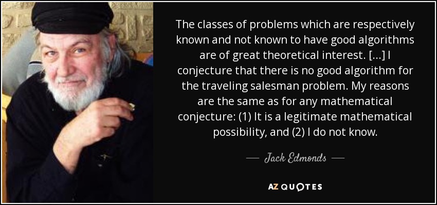 The classes of problems which are respectively known and not known to have good algorithms are of great theoretical interest. [...] I conjecture that there is no good algorithm for the traveling salesman problem. My reasons are the same as for any mathematical conjecture: (1) It is a legitimate mathematical possibility, and (2) I do not know. - Jack Edmonds