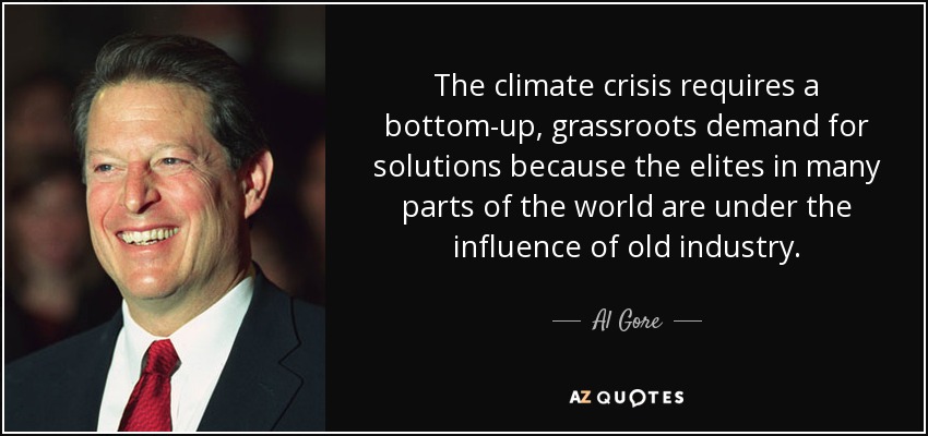 The climate crisis requires a bottom-up, grassroots demand for solutions because the elites in many parts of the world are under the influence of old industry. - Al Gore
