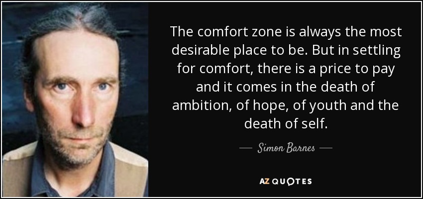 The comfort zone is always the most desirable place to be. But in settling for comfort, there is a price to pay and it comes in the death of ambition, of hope, of youth and the death of self. - Simon Barnes