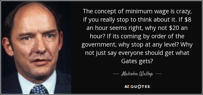 The concept of minimum wage is crazy, if you really stop to think about it. If $8 an hour seems right, why not $20 an hour? If its coming by order of the government, why stop at any level? Why not just say everyone should get what Gates gets? - Malcolm Wallop