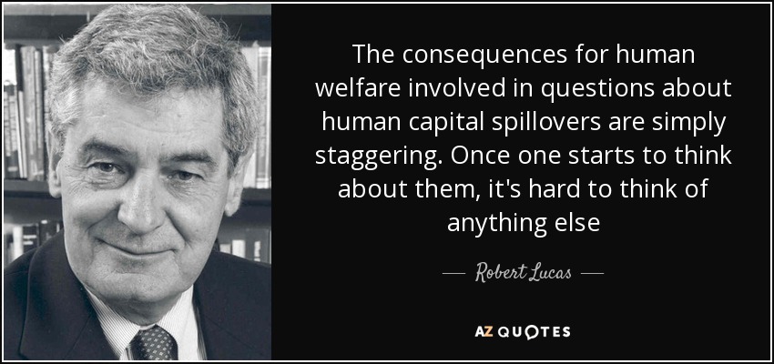 The consequences for human welfare involved in questions about human capital spillovers are simply staggering. Once one starts to think about them, it's hard to think of anything else - Robert Lucas, Jr.