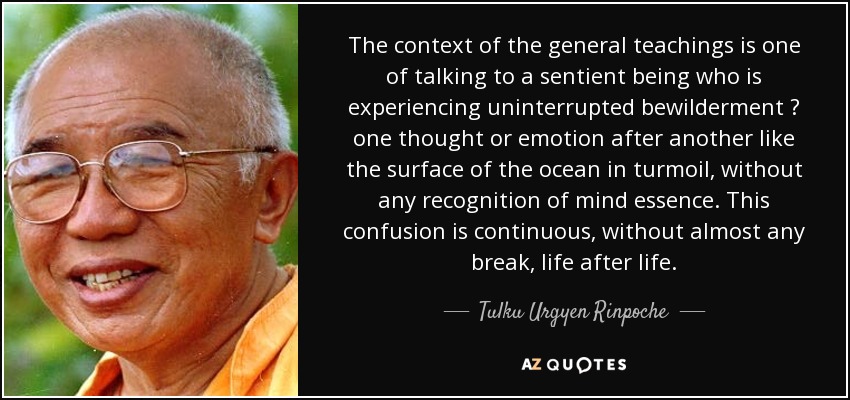 The context of the general teachings is one of talking to a sentient being who is experiencing uninterrupted bewilderment  one thought or emotion after another like the surface of the ocean in turmoil, without any recognition of mind essence. This confusion is continuous, without almost any break, life after life. - Tulku Urgyen Rinpoche