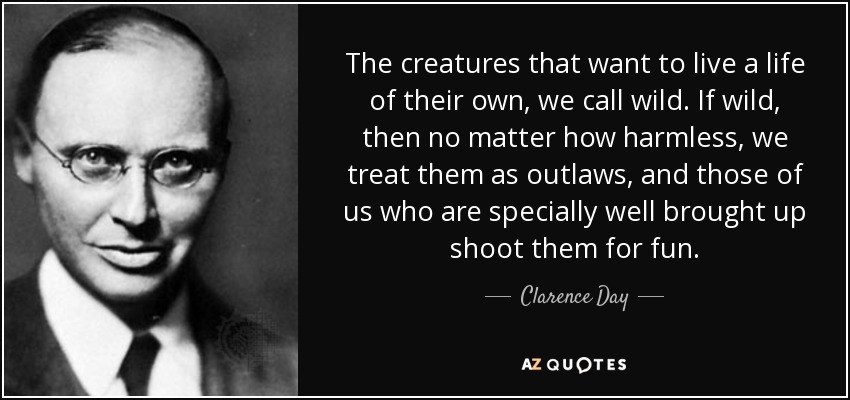 The creatures that want to live a life of their own, we call wild. If wild, then no matter how harmless, we treat them as outlaws, and those of us who are specially well brought up shoot them for fun. - Clarence Day