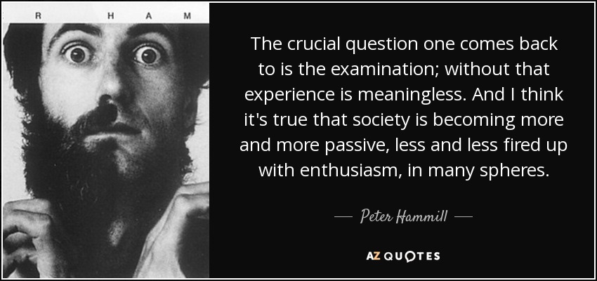 The crucial question one comes back to is the examination; without that experience is meaningless. And I think it's true that society is becoming more and more passive, less and less fired up with enthusiasm, in many spheres. - Peter Hammill