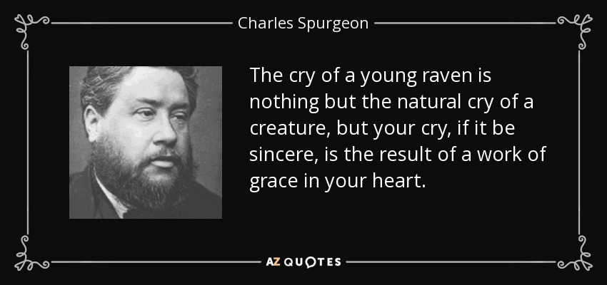 The cry of a young raven is nothing but the natural cry of a creature, but your cry, if it be sincere, is the result of a work of grace in your heart. - Charles Spurgeon