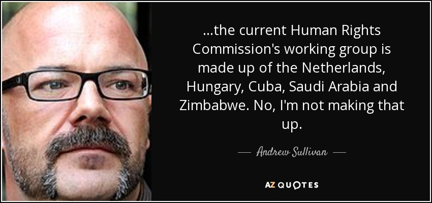 ...the current Human Rights Commission's working group is made up of the Netherlands, Hungary, Cuba, Saudi Arabia and Zimbabwe. No, I'm not making that up. - Andrew Sullivan