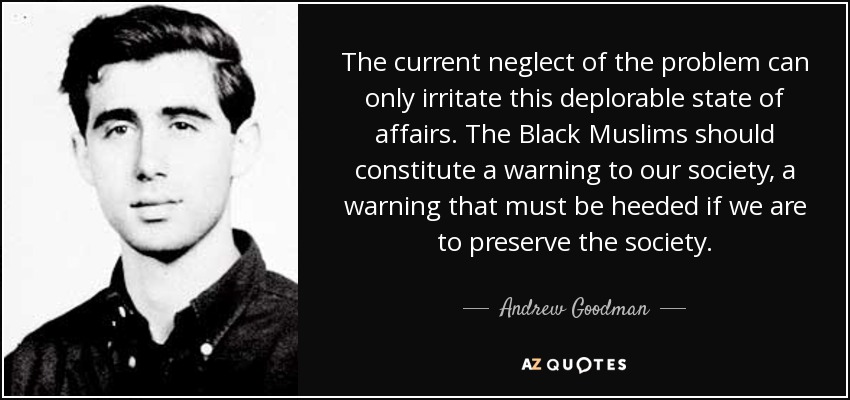 The current neglect of the problem can only irritate this deplorable state of affairs. The Black Muslims should constitute a warning to our society, a warning that must be heeded if we are to preserve the society. - Andrew Goodman