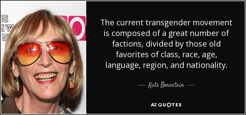 The current transgender movement is composed of a great number of factions, divided by those old favorites of class, race, age, language, region, and nationality. - Kate Bornstein
