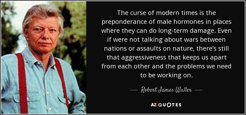 The curse of modern times is the preponderance of male hormones in places where they can do long-term damage. Even if were not talking about wars between nations or assaults on nature, there's still that aggressiveness that keeps us apart from each other and the problems we need to be working on. - Robert James Waller