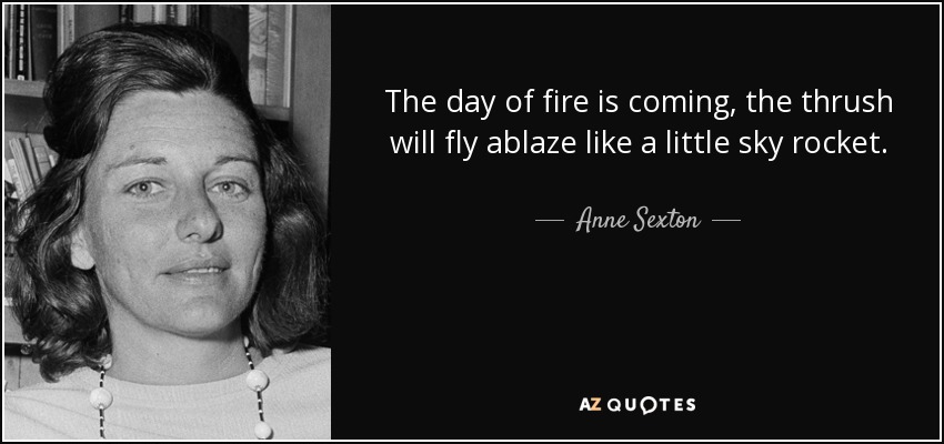 The day of fire is coming, the thrush will fly ablaze like a little sky rocket. - Anne Sexton