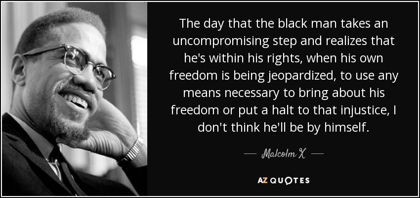 The day that the black man takes an uncompromising step and realizes that he's within his rights, when his own freedom is being jeopardized, to use any means necessary to bring about his freedom or put a halt to that injustice, I don't think he'll be by himself. - Malcolm X