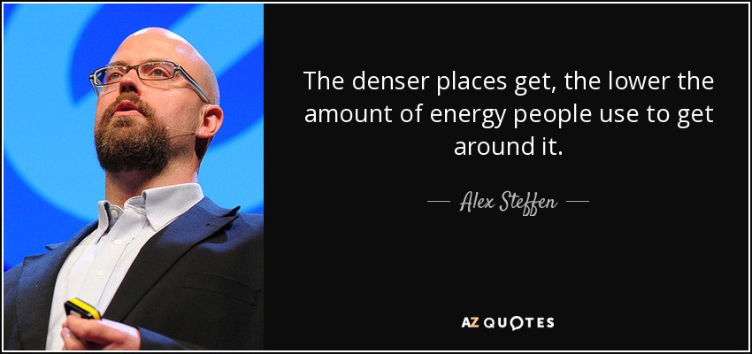 The denser places get, the lower the amount of energy people use to get around it. - Alex Steffen