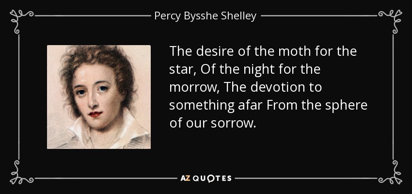 The desire of the moth for the star, Of the night for the morrow, The devotion to something afar From the sphere of our sorrow. - Percy Bysshe Shelley