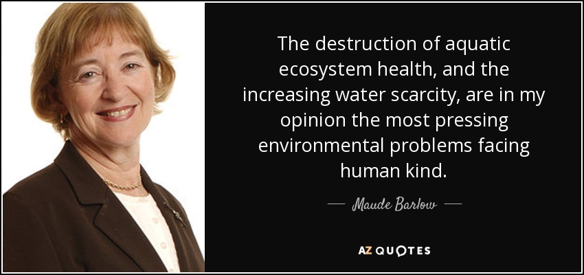 The destruction of aquatic ecosystem health, and the increasing water scarcity, are in my opinion the most pressing environmental problems facing human kind. - Maude Barlow