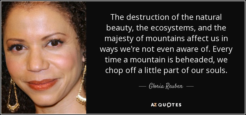 The destruction of the natural beauty, the ecosystems, and the majesty of mountains affect us in ways we're not even aware of. Every time a mountain is beheaded, we chop off a little part of our souls. - Gloria Reuben