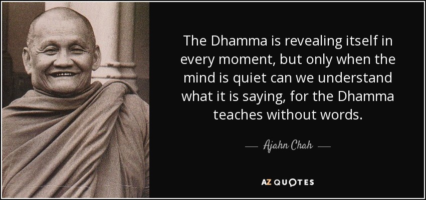 The Dhamma is revealing itself in every moment, but only when the mind is quiet can we understand what it is saying, for the Dhamma teaches without words. - Ajahn Chah