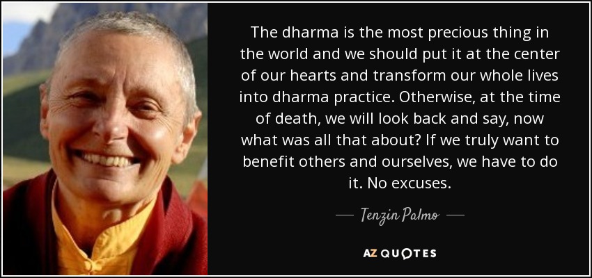 The dharma is the most precious thing in the world and we should put it at the center of our hearts and transform our whole lives into dharma practice. Otherwise, at the time of death, we will look back and say, now what was all that about? If we truly want to benefit others and ourselves, we have to do it. No excuses. - Tenzin Palmo