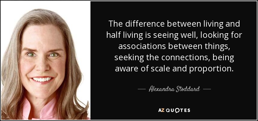 The difference between living and half living is seeing well, looking for associations between things, seeking the connections, being aware of scale and proportion. - Alexandra Stoddard