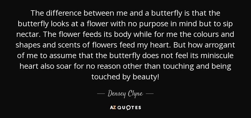 The difference between me and a butterfly is that the butterfly looks at a flower with no purpose in mind but to sip nectar. The flower feeds its body while for me the colours and shapes and scents of flowers feed my heart. But how arrogant of me to assume that the butterfly does not feel its miniscule heart also soar for no reason other than touching and being touched by beauty! - Densey Clyne