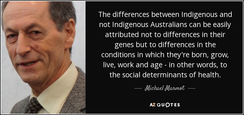 The differences between Indigenous and not Indigenous Australians can be easily attributed not to differences in their genes but to differences in the conditions in which they're born, grow, live, work and age - in other words, to the social determinants of health. - Michael Marmot