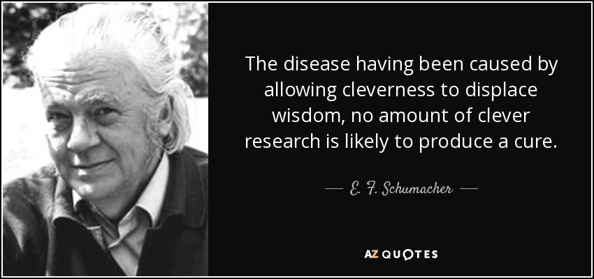 The disease having been caused by allowing cleverness to displace wisdom, no amount of clever research is likely to produce a cure. - E. F. Schumacher