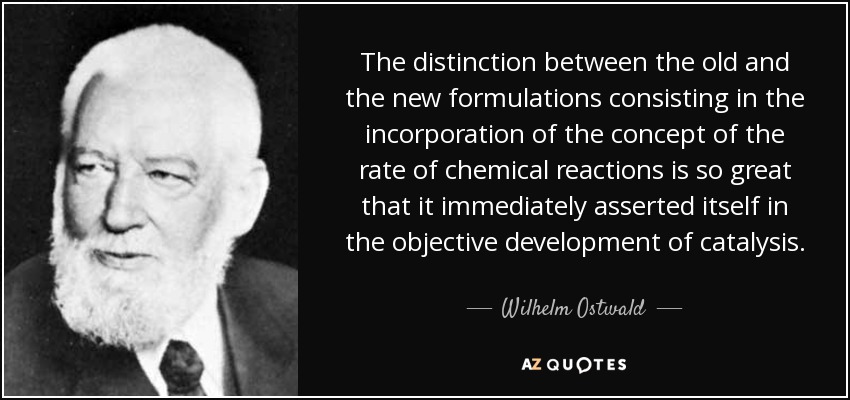 The distinction between the old and the new formulations consisting in the incorporation of the concept of the rate of chemical reactions is so great that it immediately asserted itself in the objective development of catalysis. - Wilhelm Ostwald