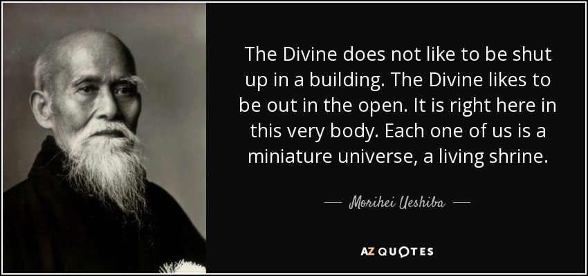 The Divine does not like to be shut up in a building. The Divine likes to be out in the open. It is right here in this very body. Each one of us is a miniature universe, a living shrine. - Morihei Ueshiba