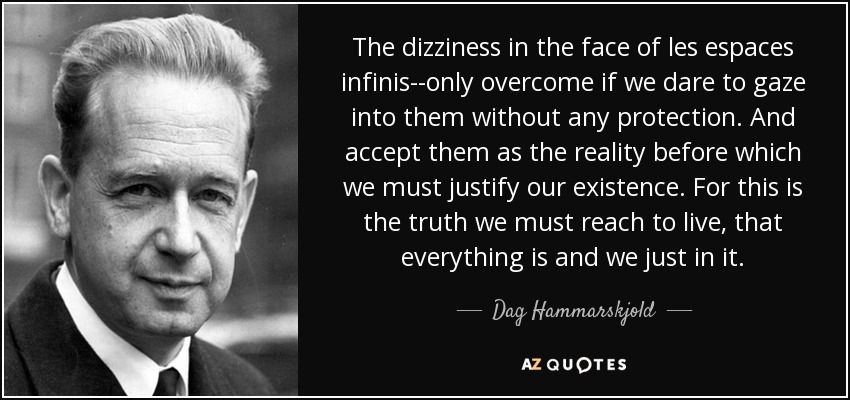 The dizziness in the face of les espaces infinis--only overcome if we dare to gaze into them without any protection. And accept them as the reality before which we must justify our existence. For this is the truth we must reach to live, that everything is and we just in it. - Dag Hammarskjold