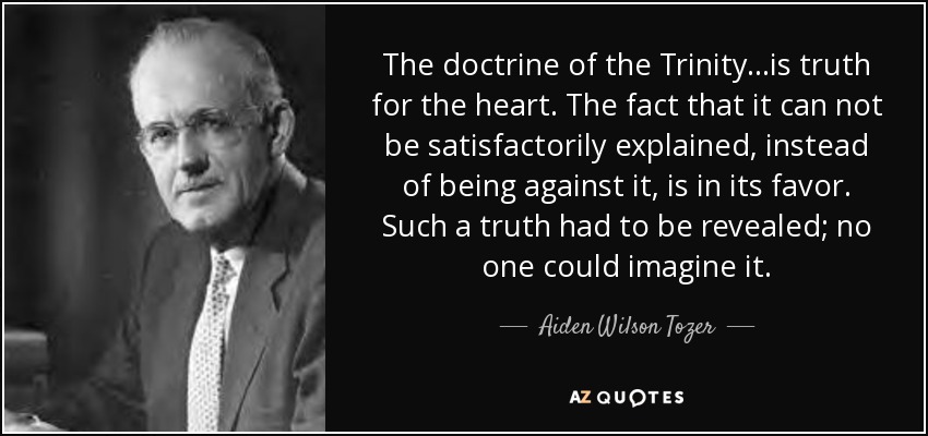 The doctrine of the Trinity...is truth for the heart. The fact that it can not be satisfactorily explained, instead of being against it, is in its favor. Such a truth had to be revealed; no one could imagine it. - Aiden Wilson Tozer