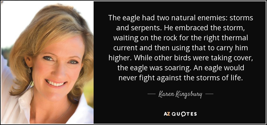 The eagle had two natural enemies: storms and serpents. He embraced the storm, waiting on the rock for the right thermal current and then using that to carry him higher. While other birds were taking cover, the eagle was soaring. An eagle would never fight against the storms of life. - Karen Kingsbury