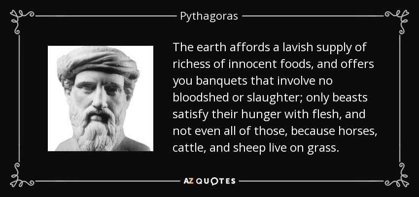 The earth affords a lavish supply of richess of innocent foods, and offers you banquets that involve no bloodshed or slaughter; only beasts satisfy their hunger with flesh, and not even all of those, because horses, cattle, and sheep live on grass. - Pythagoras