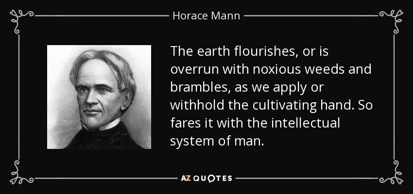 The earth flourishes, or is overrun with noxious weeds and brambles, as we apply or withhold the cultivating hand. So fares it with the intellectual system of man. - Horace Mann