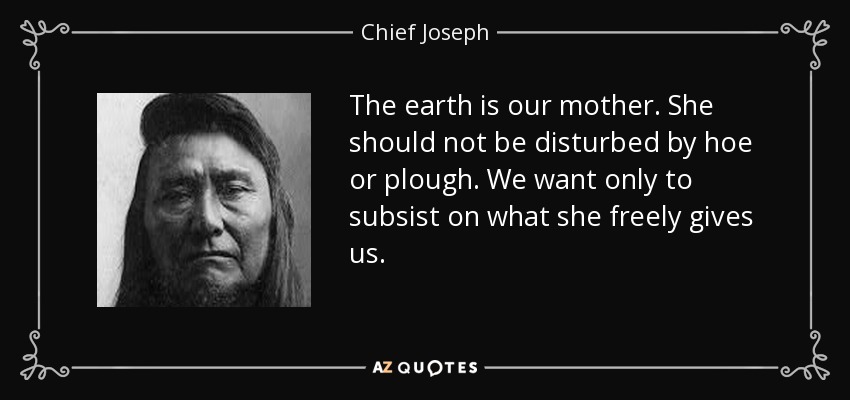 The earth is our mother. She should not be disturbed by hoe or plough. We want only to subsist on what she freely gives us. - Chief Joseph