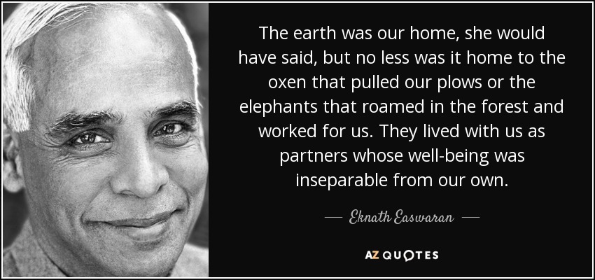 The earth was our home, she would have said, but no less was it home to the oxen that pulled our plows or the elephants that roamed in the forest and worked for us. They lived with us as partners whose well-being was inseparable from our own. - Eknath Easwaran